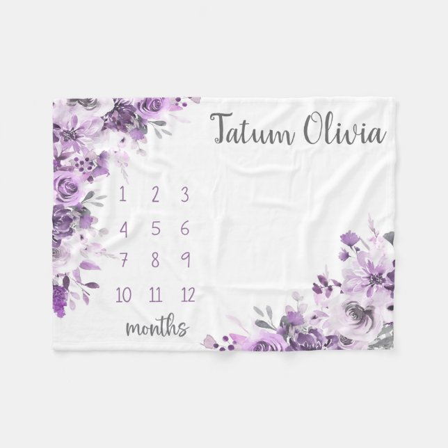 Couverture Polaire Blanche de jalon fleuri violet, Baby Girl mensuell (Devant (Horizontal))