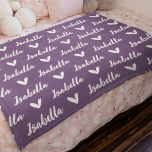 Couverture Polaire Blanche de nom personnalisée pourpre avec coeur