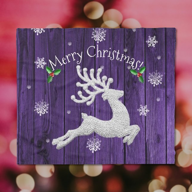 Couverture Polaire Blanche de rennes de Noël violet rustique (Purple Rustic Christmas Reindeer Fleece Blanket)