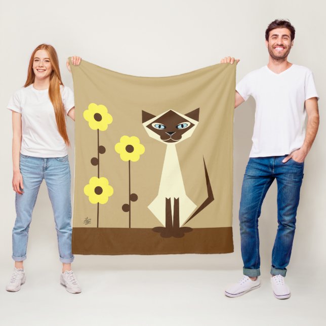 Couverture Polaire Blanche en fleur jaune et en chat siamois (En situation)