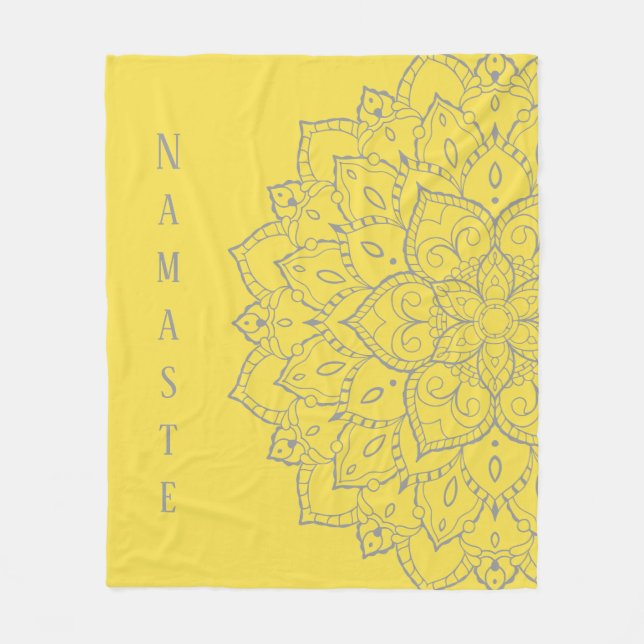 Couverture Polaire Blanche en laine de mandala gris et jaune (Devant)