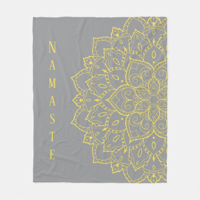 Couverture Polaire Blanche en molleton mandala jaune et gris (Devant)