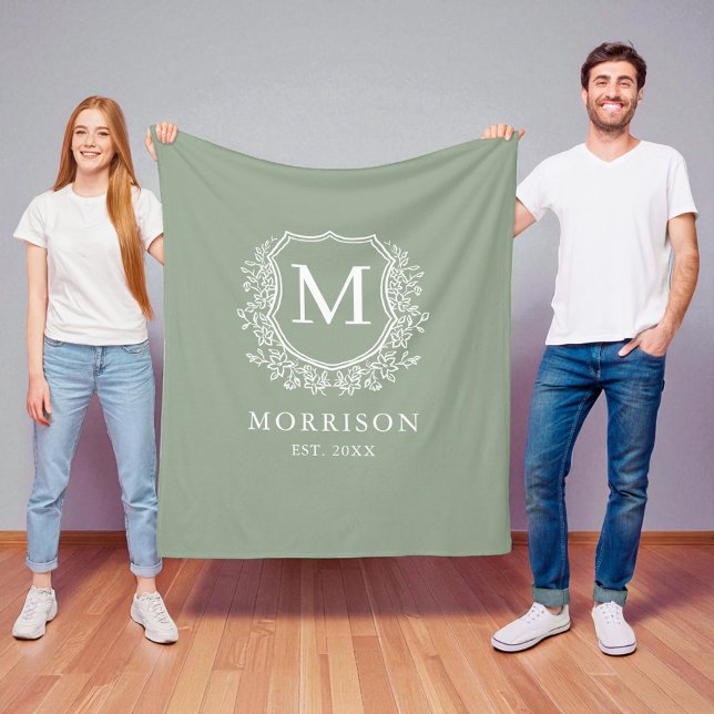 Couverture Polaire Blason Vert Sauge Monogramme Rustique Jeune Mariée (Créateur téléchargé)