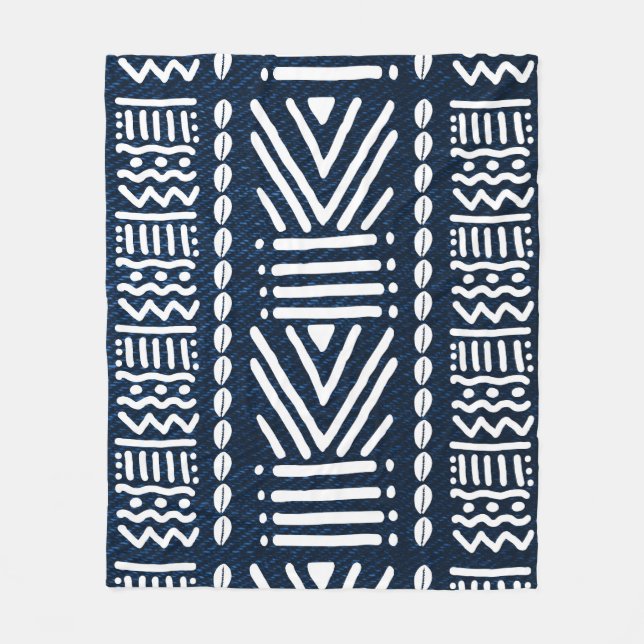 Couverture Polaire Bleu africain Denim Bogolan Design Blanche (Devant)