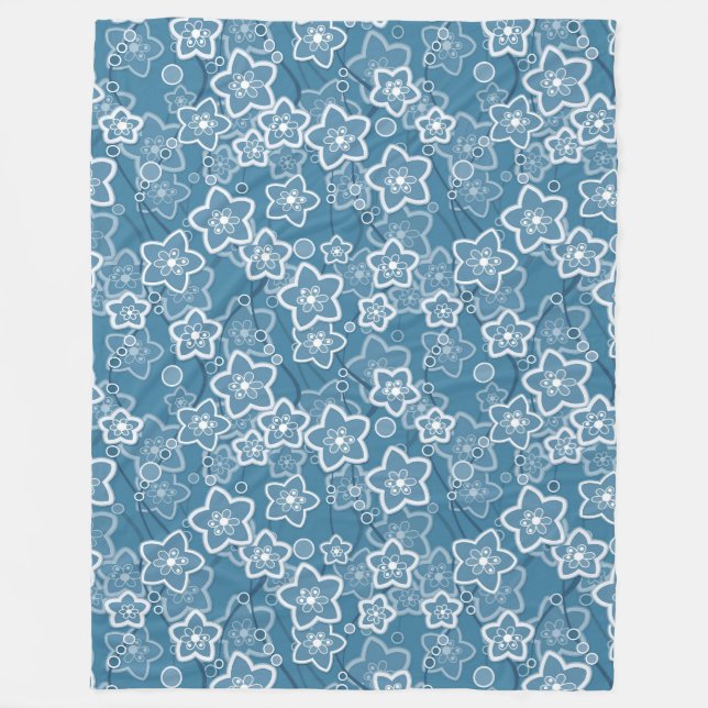 Couverture Polaire bleu avec blanc, bleu, fleurs, floral, rustique, f (Devant)
