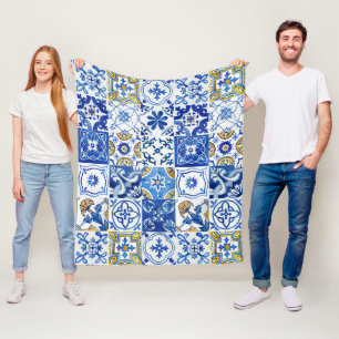 Couverture Polaire Bleu, Blanc et Jaune Motif Floral Méditerranéen