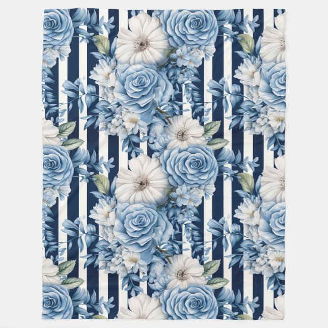 Couverture Polaire Bleu blanc rayures florales (Devant)