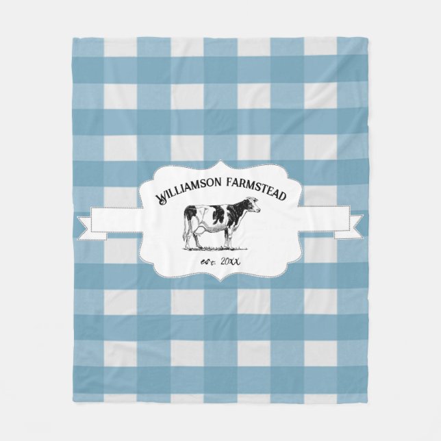 Couverture Polaire Bleu Buffalo Plaid Farm Cow Fleece Blanche (Devant)
