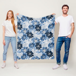 Couverture Polaire Bleu clair, fleurs bleu foncé sur gris clair