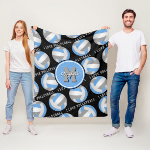 Couverture Polaire bleu clair gris J'aime volleyball texte motif