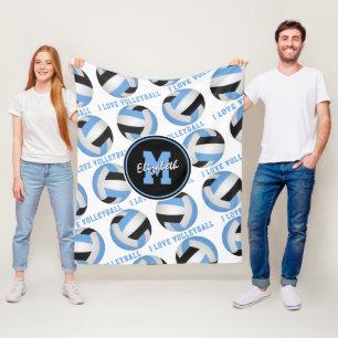 Couverture Polaire bleu clair noir J'aime volleyball texte motif