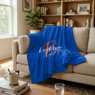 Couverture Polaire Bleu Cobalt Orange Blanc Monogramme Nom