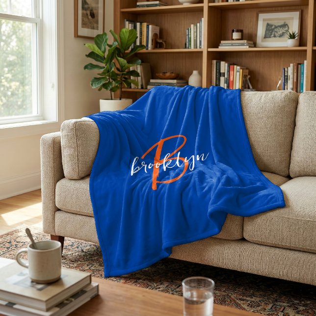 Couverture Polaire Bleu Cobalt Orange Blanc Monogramme Nom (Créateur téléchargé)