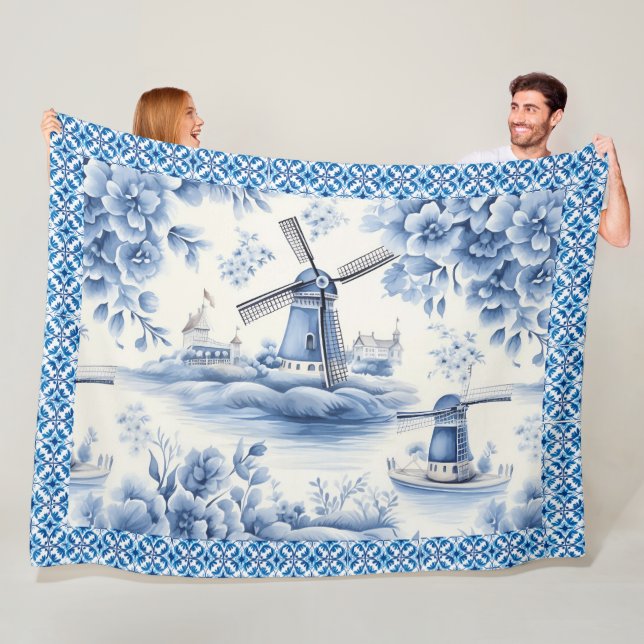 Couverture Polaire Bleu Delft Windmill Flore Carrelage Bordure (En situation)