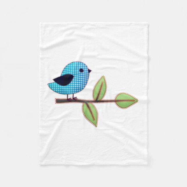 Couverture Polaire Bleu En vichy bébé oiseau avec Feuilles de broderi (Devant)