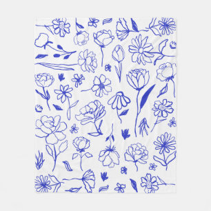 Couverture Polaire Bleu et blanc Abstrait d'encre botanique florale P
