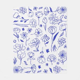 Couverture Polaire Bleu et blanc Abstrait d'encre botanique florale P