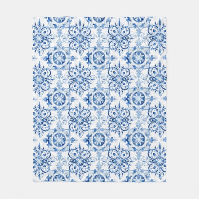 Couverture Polaire Bleu et blanc Italien aquarelle carreaux motif (Devant)