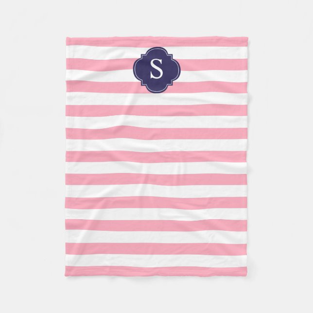 Couverture Polaire Bleu et rose rayures Monogrammes (Devant)