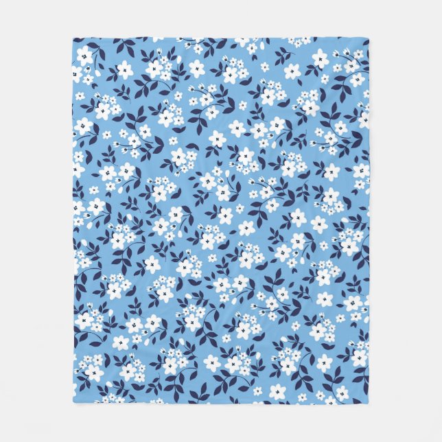 Couverture Polaire Bleu, Fleurs blanches : Vintage (Devant)