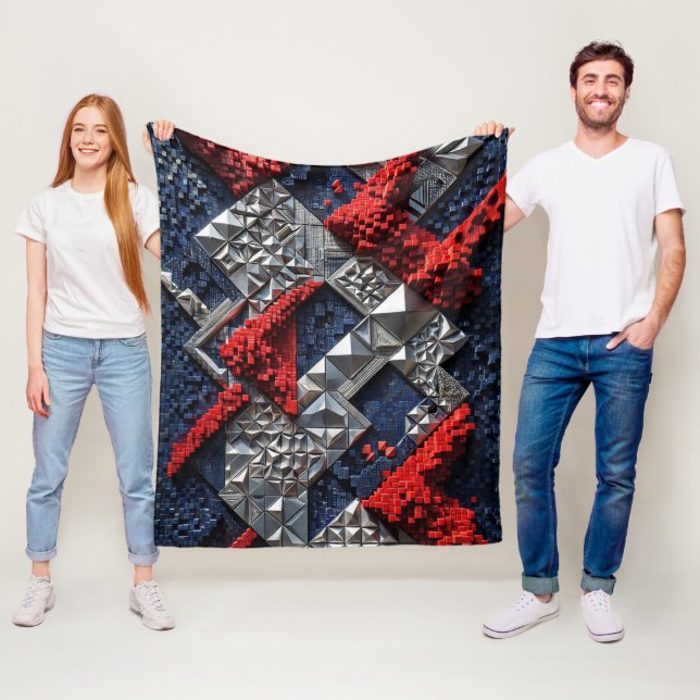 Couverture Polaire Bleu foncé Rouge vif Argent Micro Mosaïque 3D  (En situation)