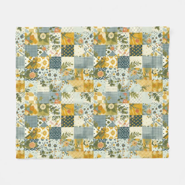 Couverture Polaire Bleu Jaune Vert Courtepoint Patchwork Gingham Flor (Devant (Horizontal))