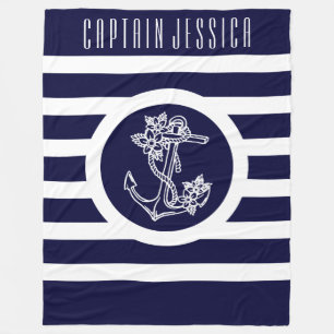 Couverture Polaire Bleu Marine & Blancs Ancre florale marine