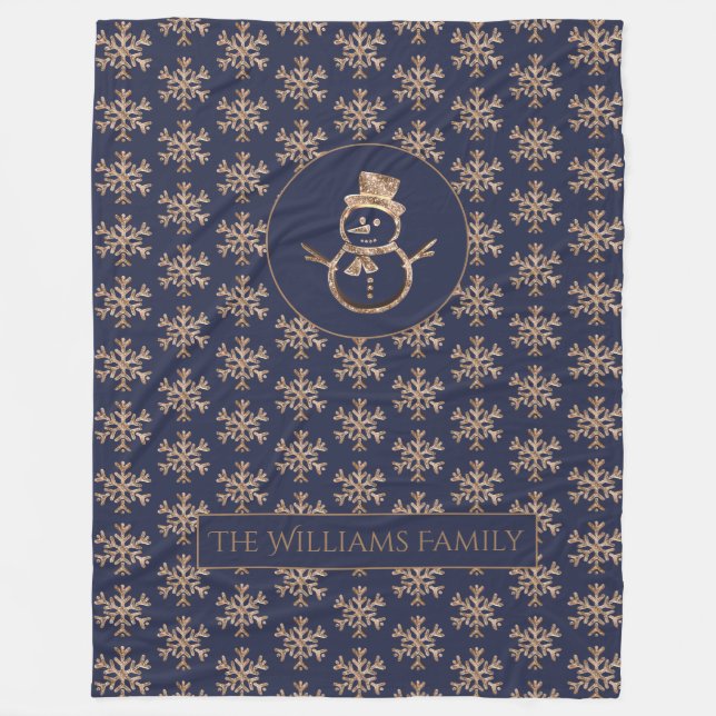 Couverture Polaire Bleu Motif Snowman Snowflakes Gold hiver (Devant)