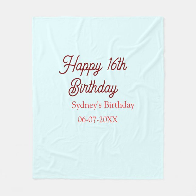 Couverture Polaire Bleu pastel rouge joyeux 16e anniversaire nom date (Devant)