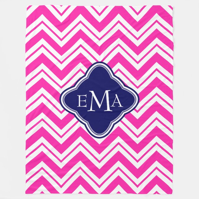 Couverture Polaire Bleu Rose Et Blanc Zigzag Chevron 2 Monogramme (Devant)