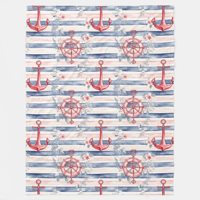 Couverture Polaire Bleu Rouge Ancres Floral Rayures Plage  (Devant)