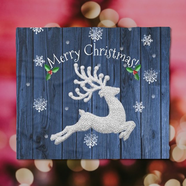 Couverture Polaire Bleu Rustique Reindeer Blanche (Blue Rustic Christmas Reindeer Fleece Blanket)