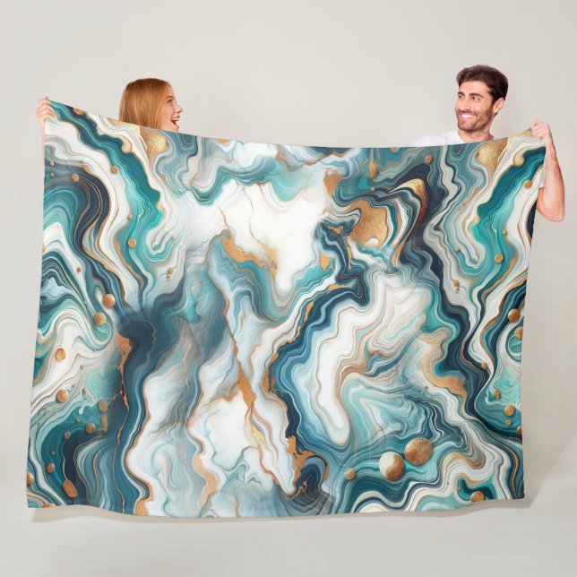 Couverture Polaire Bleu Sarcelle Or Blanc Marbre Moderne Agate  (En situation)