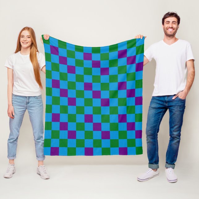 Couverture Polaire Bleu Vert Motif à Carreaux Design Violet  (En situation)