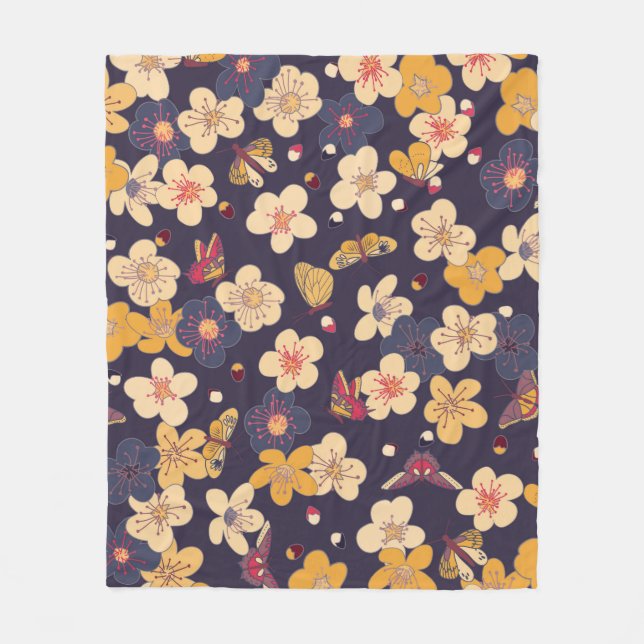 Couverture Polaire blooming cherry and butterflies seamless pattern.  (Devant)