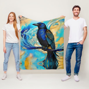 Couverture Polaire Blue Black Raven, bleu et or abstrait