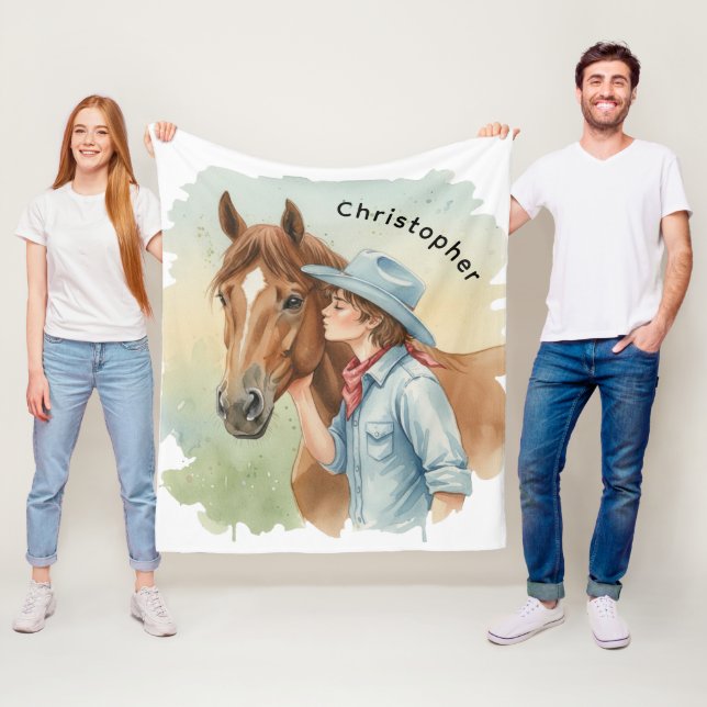 Couverture Polaire Blue Cowboy Kissing a Horse Birthday Party Gift (En situation)