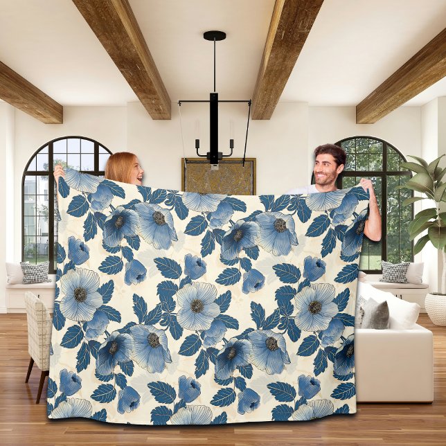 Couverture Polaire Blue Floral Gold Parties scintillant japonais Ukiy (Créateur téléchargé)