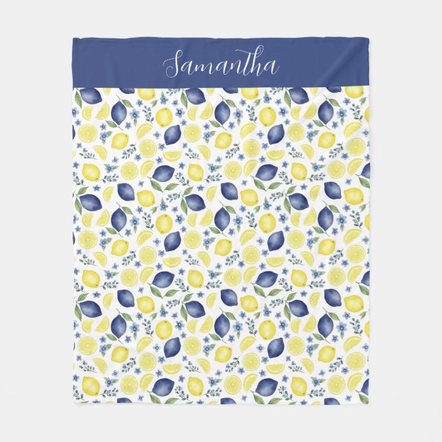 Couverture Polaire Blue French Country Lemon Pattern Monogram Name (Devant)