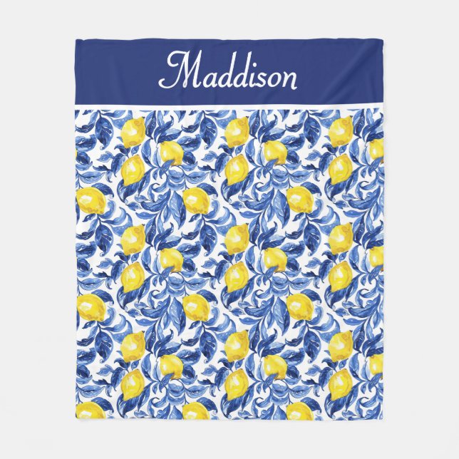 Couverture Polaire Blue French Country Lemon Pattern Monogram Name (Devant)