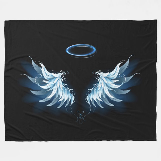Couverture Polaire Blue Glowing Angel Wings on black background (Devant (Horizontal))