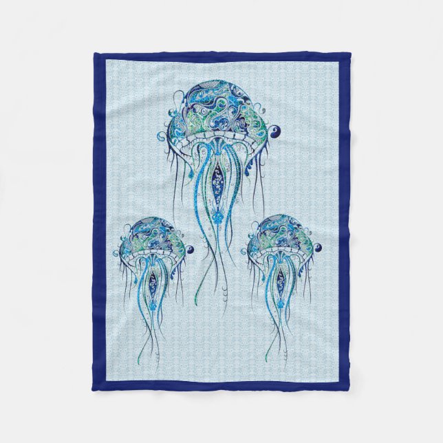 Couverture Polaire Blue-Green Retro Jellyfish Over Blue Background (Devant)