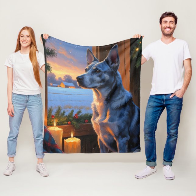 Couverture Polaire Blue Heeler avec lumières de Noël vacances  (En situation)