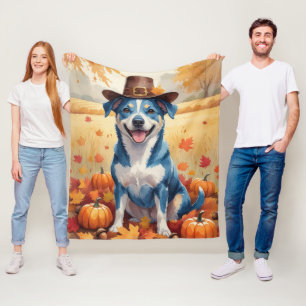 Couverture Polaire Blue Heeler dans l'art de Thanksgiving aux feuille