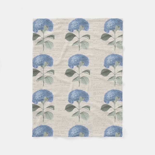 Couverture Polaire Blue Hydrangea Blossom on Antique Calligraphy (Devant)