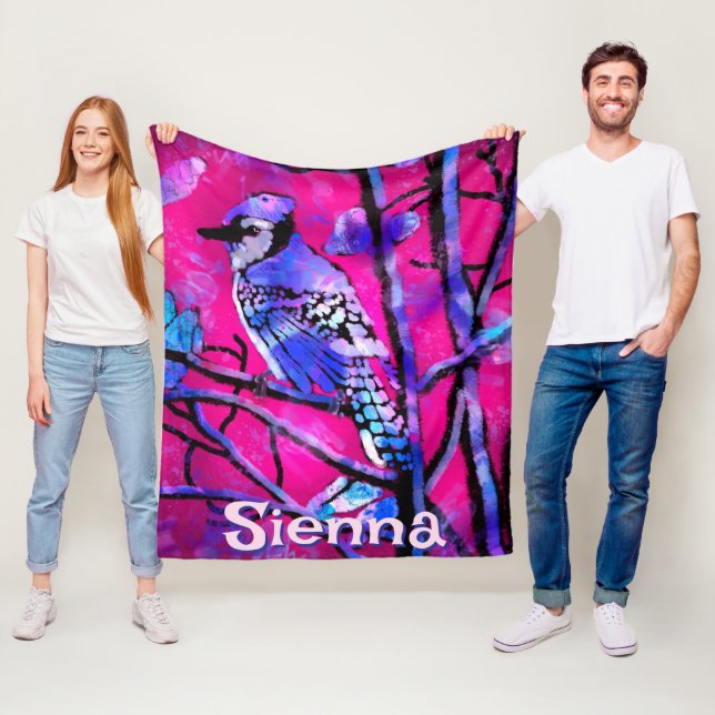 Couverture Polaire Blue Jay Bird Tree Branch Pink Personalized  (En situation)