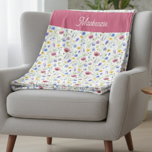 Couverture Polaire Blue Pink Wildflower Botanical Custom Name  (Créateur téléchargé)