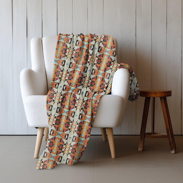 Couverture Polaire Blue Red Orange Taupe Brown Black Tribal Art (Créateur téléchargé)