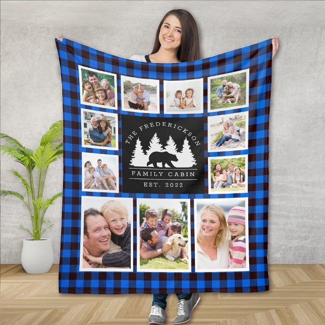 Couverture Polaire Blue Rustic Plaid Bear Woods Famille Cabine Photo (Créateur téléchargé)