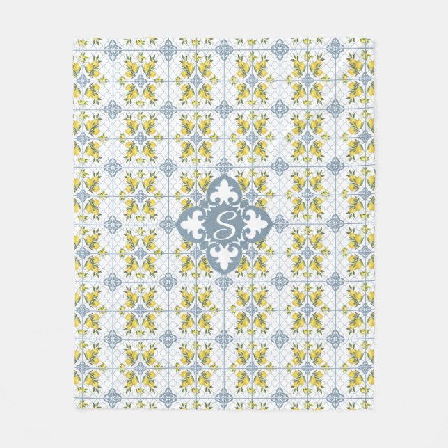 Couverture Polaire Blue Watercolor French Country Lemon Name Monogram (Devant)